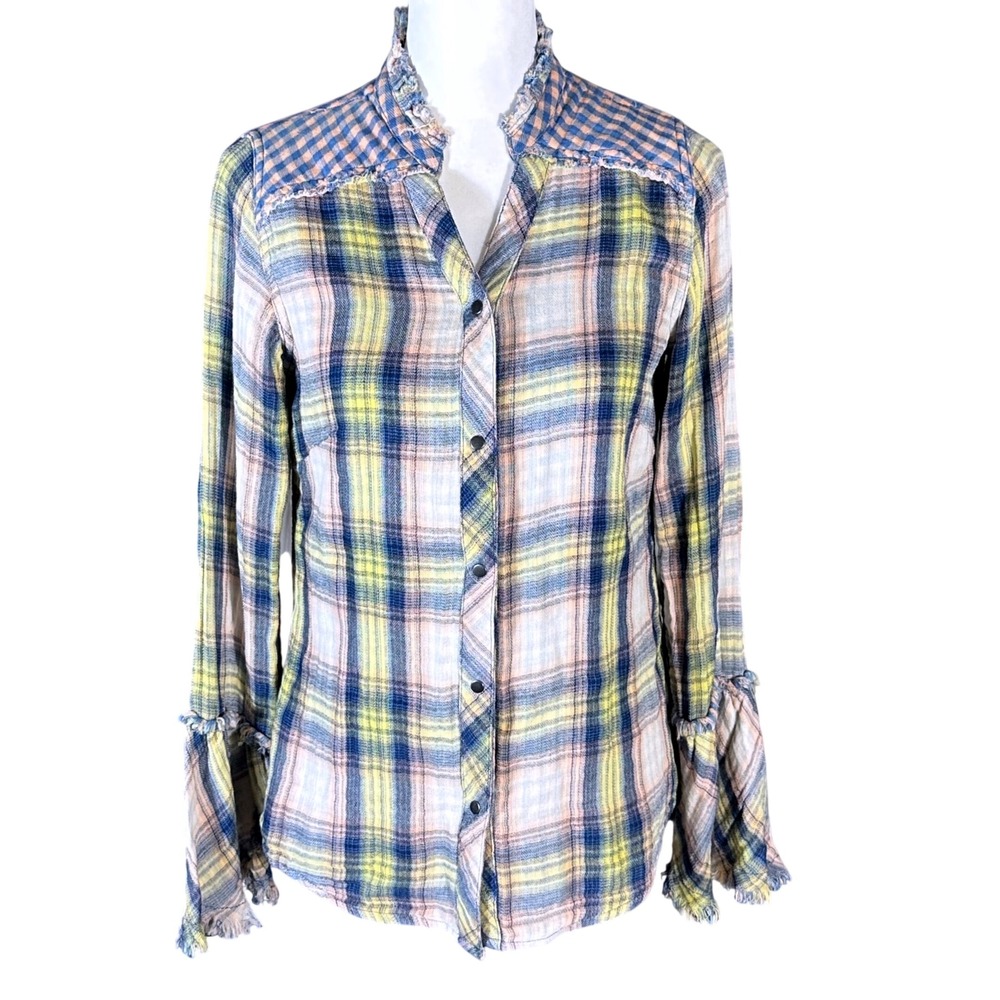 Sundance Button Down Women Small Multi Plaid Ruffle Fringe Bell Sleeve Top